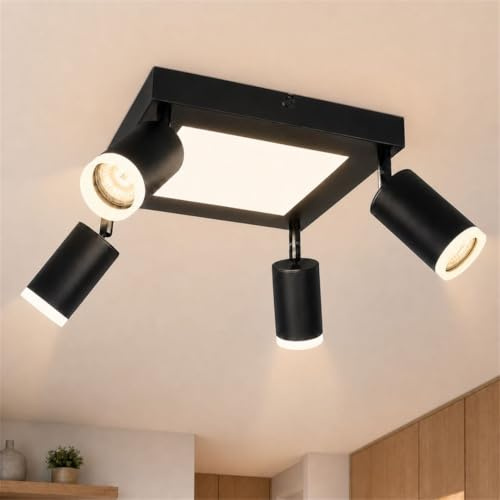 cupgow LED Deckenstrahler 4 Flammig Schwarz Deckenleuchte Eckig 20W | Warmweiß 3000k Wohnzimmer Schwenkbar GU10 Strahler Deckenlampe Modern Eckig Lampe für Schlafzimmer Küche Flur 4*Max.25W