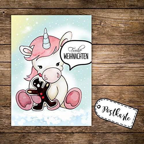 ilka parey wandtattoo-welt A6 Weihnachtskarte Einhorn mit Lebkuchen Postkarte Print & Spruch Frohe Weihnachten pk135