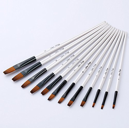 YXQSED 12 Pinceaux Peinture Acrylique,Nylon Art Pinceaux Fin Stylos à Pointe Lisse,Corps du Stylo en Bois Convient pour Les Peintures Acryliques, Aquarelles, Huiles et Gouaches (Pinceau Plat)
