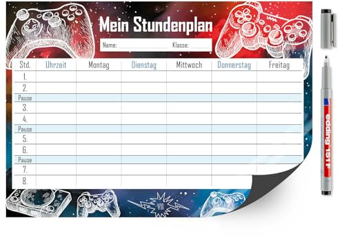 Gaming Stundenplan abwischbar I DIN A4 I Rückseite magnetisch für den Kühlschrank I Jungen Jungs Teenager, cool I mit Stift I dv487