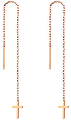 JewelryWe Schmuck Durchzieher Ohrringe Edelstahl Kreuz Lange Kette Einfädler Ohr Linie Ohrhänger für Frauen Mädchen Rosegold