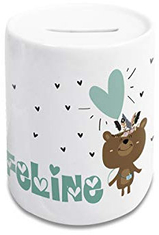 GRAZDesign Spardose Kinder mit Name Mädchen, Geschenk personalisiert Taufe, Geburtstag Motiv Indianer Bär, Keramik