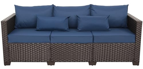Rattaner 3-Seat Patio Wicker Sofa, Outdoor Rattan Couch Furniture Steel Frame with Furniture Cover and Deep Seat High Back, Blue Anti-Slip Cushion.