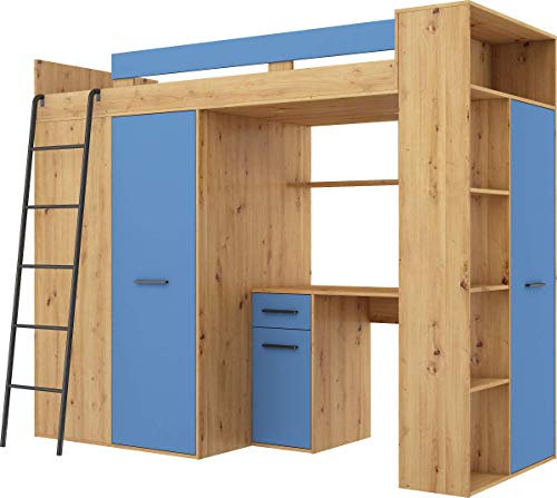 Hochbett mit Schreibtisch, Kleiderschrank und Bücherregal - Loftbett für Kinder - Komplettes Möbelset 236x120x190 cm - 90x200 cm Bettgröße - Linke Leiter - VERANA - (Eiche Artisan/Blau)