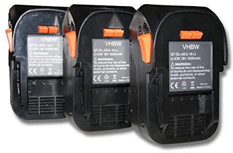 vhbw 3X Batteries Compatible avec AEG Bus 18, Bus 18 X, BSB 18 STX, BSB 18 LI, BST 18X, BSS 18C Outil électrique (3000 mAh, Li-ION, 18 V)