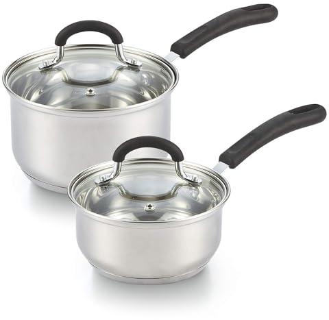 Cook N Home 1 & 2 Quart Stainless Steel Saucepan Sets with Lid, Induction Compatible Milk Pots, Stay-Cool Silicone Handle, Mirror Polished 18/10 Cookware, Dishwasher & Oven Safe, Silver