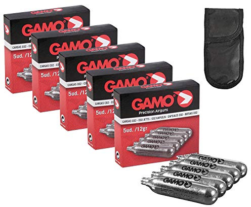 Tiendas LGP – Gamo, 25 bombonas CO2 12 gr. Gamo para Pistolas y carabinas + Funda portabombonas