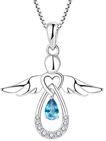 FJ Damen Kette Schutzengel Anhänger Halskette 925 Sterling Silber Engel Kette Aquamarin März Geburtsstein Halskette Schmuck Geschenke für Frauen Mädchen