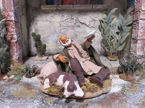 Krippenfiguren Bettler mit Hund 14/16 cm aus Ton/Stoff