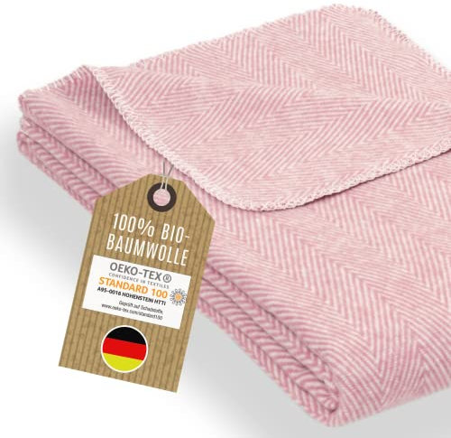 RIEMA® leichte Wohndecke Finn - rosa Plaid aus 100% Bio-Baumwolle - Bio Tagesdecke Made in Germany - Wolldecke 140x200cm