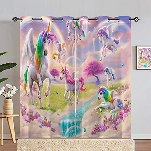 ANHOPE Regenbogen Einhorn Blume Vorhänge mit Ösen Blickdichte Gardinen Thermo Vorhang Blackout Curtain Schlafzimmer Wohnzimmer Kinder Mädchen Verdunklungsvorhänge 2er Set H 183 x B 117 cm