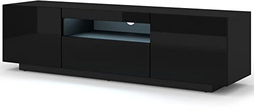 BIM Furniture Aura Meuble TV bas 150 cm suspendu ou debout universel sous meuble TV Planche buffet Hi-Fi Armoire suspendue (noir brillant avec LED) 150 x 37 x 42 cm
