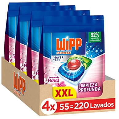 Wipp Express Power Caps Detergente Floral en Cápsulas para Lavadora, Pack de 4, Total 220 Dosis, Limpieza Profunda, Eficaz en Agua Fría
