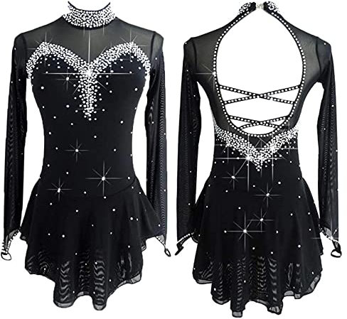 ZEDDG Eiskunstlaufkleid für Mädchen, professioneller Wettkampfanzug, Spandex, Elastan, Eistanz, Gymnastik, Turnanzug, Damen, Performance-Kostüm, Schwarz 2-M