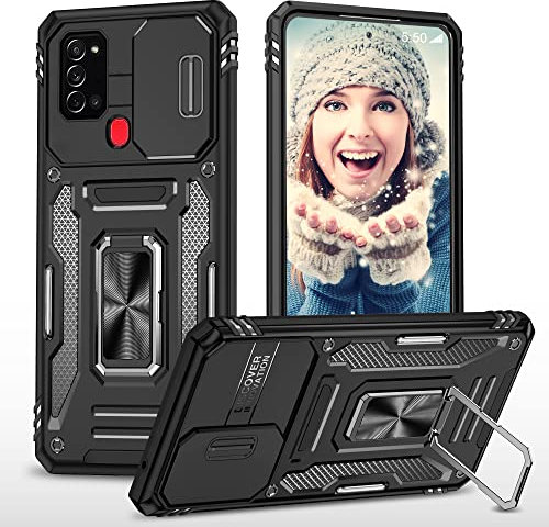 ATISIJIE Hülle für Samsung Galaxy A21s Handyhülle [Slide Camera Kameraschutz], Metall 360 Grad Metal Ring Halter Standard Stoßfest Schutzhülle Case Cover Schutzfolie Schwarz