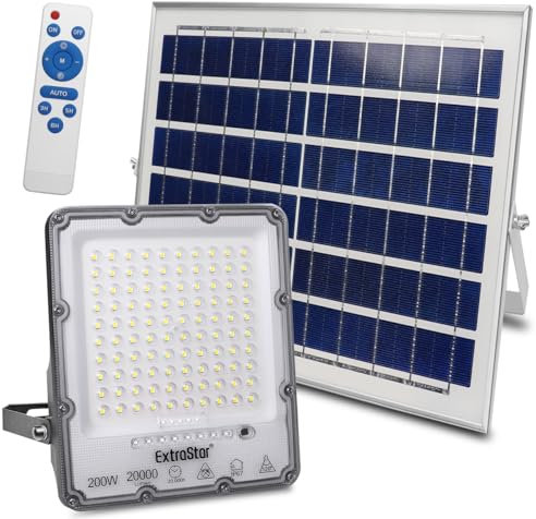 EXTRASTAR Projecteur LED solaire 200 W avec télécommande, lumière blanche froide 6 500 K, 20 000 lm, étanche IP67, adapté pour l'extérieur, jardin, cour