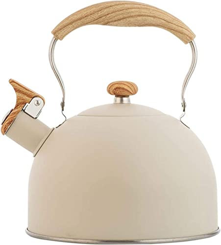 Tetera Estufa Silbante - Teteras Acero Inoxidable - con Mango De Madera, Teteras para Estufa, para Cocina Office, 2,5 litros, 3 Colores (P Beige)