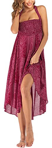 JENJON Donna Vestiti da Spiaggia Senza Maniche Eleganti 2 in 1 Gonna Stampa Boho Casual Estivo Arricciato Maxi Abito A-Rosso Taglia Unica