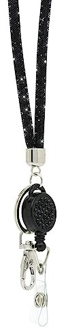 CKB LTD Cordino da collo nero con strass glitterati, con clip in metallo girevole e clip retrattile per badge, 1 pezzo