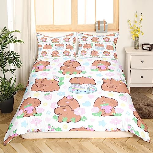 Cartoon Capybaras Bettbezug 220x240 Nette Capybara Plüschtiere Bettbezug Kawaii Brown Nagetiere Tiere Bettwäsche Set für Kinder Jungen Mädchen Rosa Erdbeeren Blumen Quilt Cover 2 Kissenbezüge