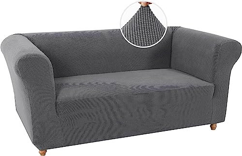 LINGKY Stretch Chesterfield Sofabezug 2 Sitzer Sofahusse mit Armlehne Spandex Jacquard Sofa Überwürfe rutschfest Sofa Überzug Waschbare Sofabezug für Haustiere (Grau,2 Sitzer)