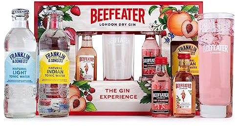 Beefeater Gin Experience - Flavoured Gin Gift Set 2x5cl, Beefeater Pink Strawberry and Beefeater Peach & Raspberry Gin, 2x Franklin & Sons Tonic Water, Hi-Ball Glass, Gin Gifts for Women