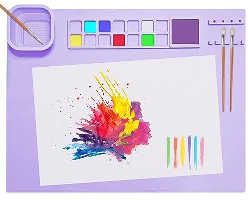 SOQKEEN Silicone Craft Mat 51x41cm, Crafting Mat for DIY, Purple | Built-In Mixing Area, Brush Holder & Foldable Cleaning Cup, Non-Stick Surface, Keeps Workspace Organised & Clean