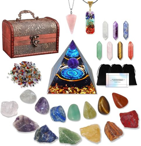 Juego de 29 piedras preciosas de cristal, piedras curativas de 7 cristales y 7 chakras, 7 piedras hexagonales prismáticas de chakra, 2 collares de cristal, pirámide de cristal, piedras curativas