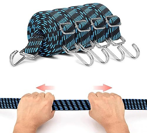 4 Stück Bungee-Seile mit Haken, Verstellbar Spanngummi mit Haken, Elastische Gepäck-Bungee-Gurte, Befestigungsgurt, Geeignet für Fahrräder, Camping, Auto, Dachgepäckträger(Blau)