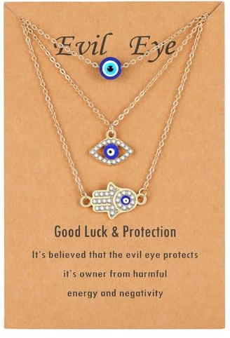 Genkigold Collane Occhio Malvagio e Hamsa Placcate Oro/Platino -Radianti Diamanti di Laboratorio,Pendente Mano Occhio Blu Turco -Regalo di Gioielli di Protezione Fortunato in 3 Pezzi per Donne Ragazze