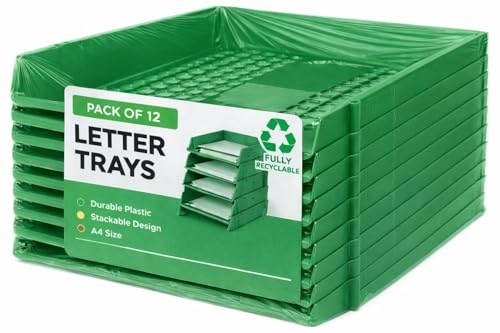 Deflecto A4 Pk of 12 x Essential Letter Tray In Green, A4 paper tray organiser, letter organiser storage, desk trays - CP043YTGRNX12 - Pk of 12
