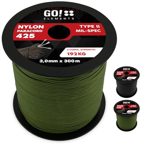 GO!elements Paracord Corda in Nylon antistrappo - 3mm Paracord 425 Tipo II Linee Come Corda da Esterno, Corda Multiuso, Corda di Sopravvivenza - Linea in Nylon Max. 192kg