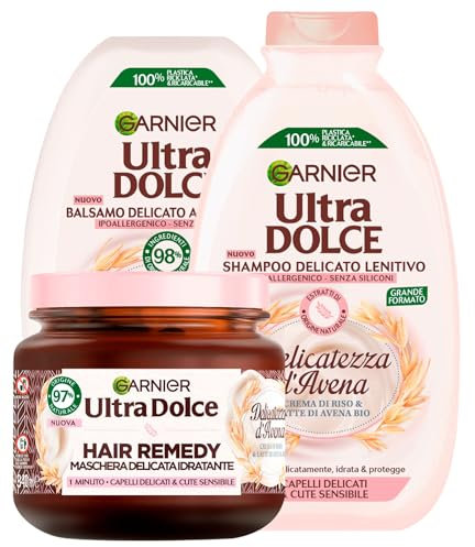 Garnier Ultra Dolce Shampoo + Balsamo + Maschera per Capelli Delicati e Cute Sensibile Delicatezza d'Avena con Crema di Riso e Latte di Avena Bio Idratante Ingredienti di Origine Naturale - 3 Prodotti