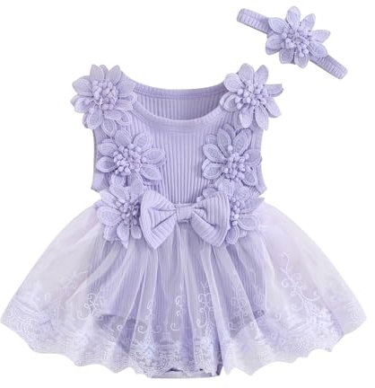 Carolilly 2Pezzi Completo Neonata con Ricamo Fiori Pagliaccetto Estivo Neonata Vestito Principessa Elegante Abito Neonata in Tulle Tutina Neonata in Pizzo Cerimonia+Fascia (Viola, 0-3 Months)