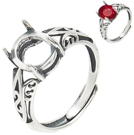 WEBEEDY 925 Silber Verstellbare Ringfassung Silber Ringbasis Für Cabochon-Edelstein, 1 * 2mm Ovale Fassung Mit Hohlem Blumenmuster-Rohling Für Die Herstellung von DIY Ringen Handwerk Für Frauen