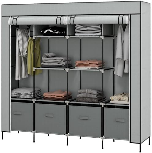 HOMCOM Stoffschrank Kleiderschrank, Faltschrank mit Kleiderstange, 4 Schubladen, 10 Fächern, Garderobe in Vlies-Optik für Flur, Schlafzimmer, 166 x 42,5 x 169,5 cm, Dunkelgrau