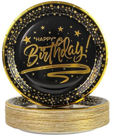 50 pièces Assiette Jetable Anniversaire 18cm, Noir Assiettes en Carton Vaisselle Jetable Anniversaire pour Barbecue Anniversaire Fête Douche de bébé Mariages (Anniversaire Noir, 18cm)