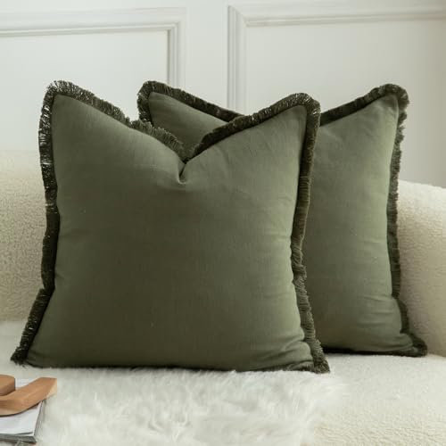 Mandioo 2er Set neutralen Baumwolle Quasten Kissenbezug 60x60cm Dekorative Kissenbezüge Dekokissen Boho Sofakissen Kissenhülle für Couch Sofa Schlafzimmer Wohnzimmer Heimdekoration Olivgrün
