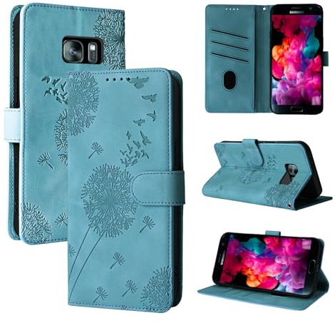 Rostsant Handyhülle für Samsung Galaxy S7 Löwenzahn Blau | PU Leder Flip Case Brieftasche Tasche Hülle Magnetisch Handyhülle für Samsung Galaxy S7