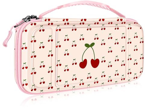 FINTIE Etui pour Nintendo Switch / Switch Modèle OLED - Housse Transport en EVA Sacoche de Rangement Zippée Anti-Choc, Coque Protection Console avec 10 Emplacements Cartes de Jeu, Cerise