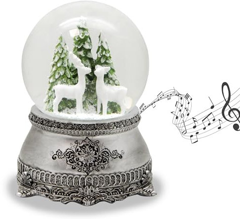 Schneekugel Hüttenzauber 2 weiße Rehe vor Tannenbaum | Sockel Zinnoptik Ornamente | mit Spieluhr | Schüttelkugel Weihnachtsdekoration | B: 10 cm H: 14 cm | 20253