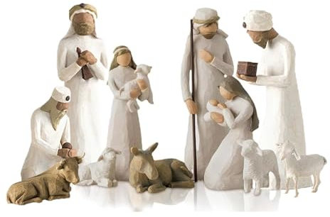 Krippe Set Born Szene Willow-Tree Abbildung 10-piefe, Figuren Krippen-Szenenharz, Geburt Belen Weihnachten, Weihnachts-Krippen-Szene mit Figuren, Weihnachtskrippenfiguren, heilige Familiendekoration