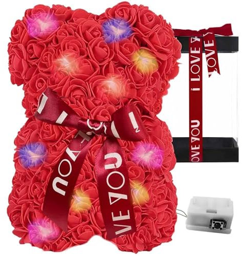 PALUPLUS Orsetto di Rose Rosse con LED, Misura 16x17x20 cm, Scatola Regalo Trasparente, Orso con fiocco nero per San Valentino, Anniversario, Compleanno, Matrimonio -838M