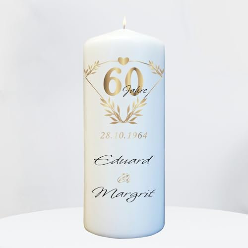 Diamantene Hochzeit Kerze mit Namen & Wunschtext personalisiert - zum 60 Hochzeitstag - Größe 20cm x 6,8cm