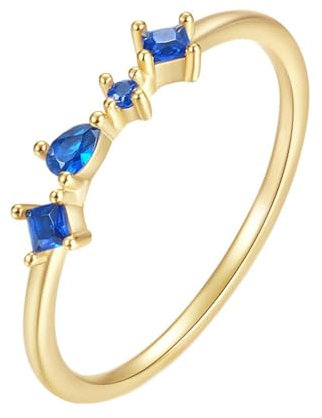 Grewod Gold Ringe Frauen 14K Zart 2 MM Blau Tropfen Labor Erstellt Saphir Edelstein Eheringe und Verlobungsringe Größe 58 (18.5)