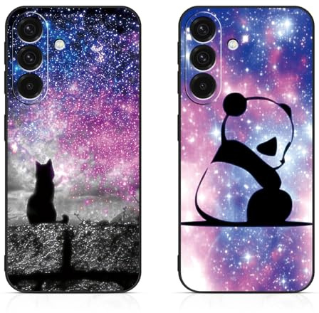 DiaryTown 2 Stück Samsung Galaxy A36 5G Hülle Tier Muster Motiv Handyhülle Weich TPU Silikon Schwarz Case Kratzfest Stoßfeste Schutzhülle Ultra Dünn Cover für Galaxy A36 5G - Stern Katze & Panda