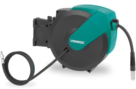 VONROC PRO Automatische Druckluft-Schlauchtrommel 15M – Aufrollbarer Druckluftschlauch, 1m Zuleitungsschlauch und Wandhalterungs-Set – 17 bar/250 PSI - Universelle EURO/DIN 7,2mm Kupplungen