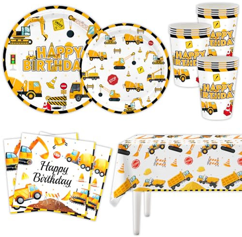 MORAINJAY Ensemble de Vaisselle Fête Camion Chantier 51 Pièces, Assiettes, Tasses, Serviettes, Accessoires de Fête Engins, Décoration de Table pour Anniversaire Véhicules