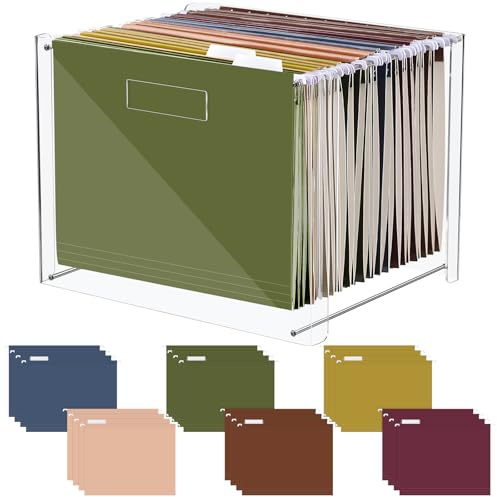 Dispowreath 24 Hanging File Folder with Acrylic Organizer for Letter/a4 Size Desktop Clear File Storage Box with Handles for Home Work Office Use(Neutral,Classic)