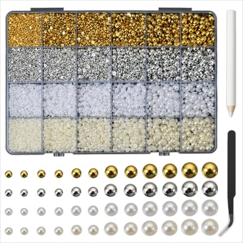 24 Tabletts Halbperlen Nagelperlen, luxuriöse 3DGold und Silber Nagelperlen für Nagelkunst, ABS-Perlen in Gemischten Größen Edelsteine ​​für Nägel, Verzierungen, Make-up, Kleidung (4 Farbe)